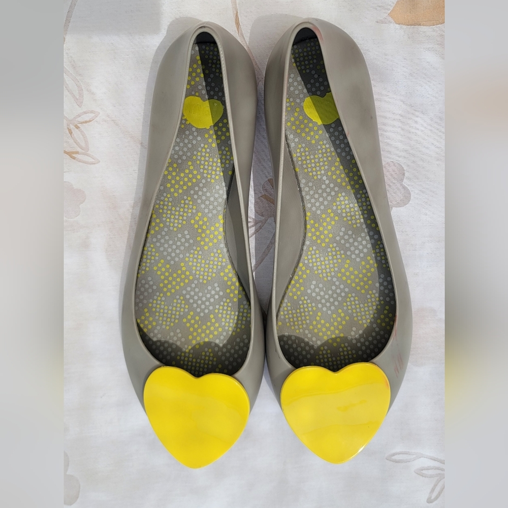 Melissa Grey Flats with Yellow Heart Accent Size 8